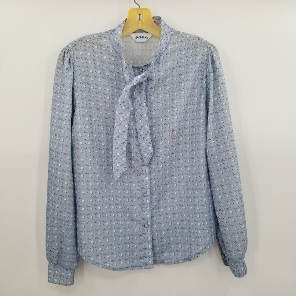 Jones Vintage Blouse Shirt Top Polyester Medium/Large Tie Neck Long Sleeved Blue